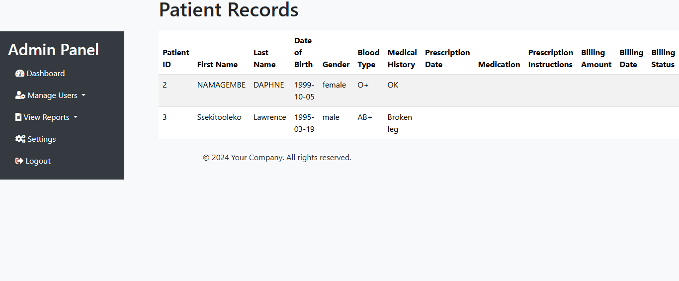 Preview of a hospital management system